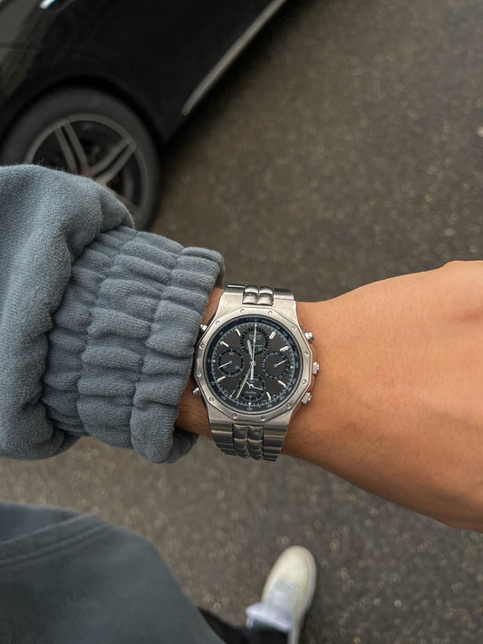 Seiko Chronograph 7T34-7A10 – Vintage Herren Quarz Uhr mit Alarm, Edelstahl, Schwarz (ca. 1990er)