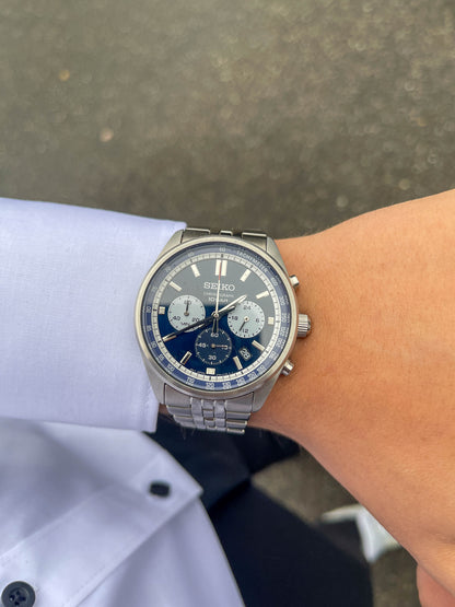 Seiko Chronograph SSB427P1 Ref. 8T63-00W0 – Herren Quarz Uhr, Edelstahl, Blaues Zifferblatt (41mm)