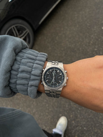 Seiko Chronograph 7T34-7A10 – Vintage Herren Quarz Uhr mit Alarm, Edelstahl, Schwarz (ca. 1990er)