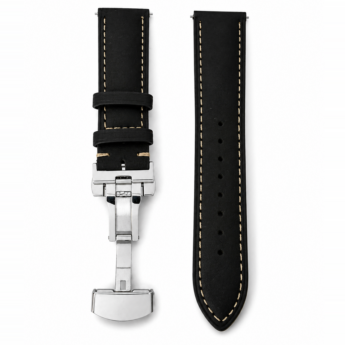 Leder Uhrenarmband Smoke Black in Schwarz mit cremefarbener Kontrastnaht, flach liegend