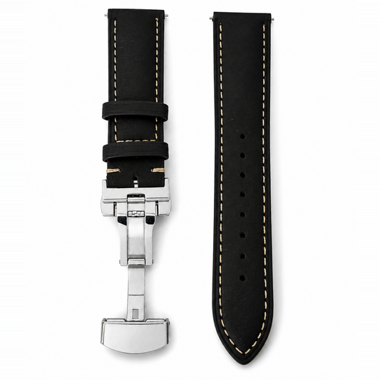 Leder Uhrenarmband Smoke Black in Schwarz mit cremefarbener Kontrastnaht, flach liegend