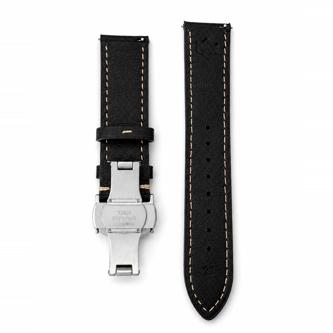 Rückseite der Leder Uhrenarmbänder Smoke Black in 20 mm und 22 mm nebeneinander