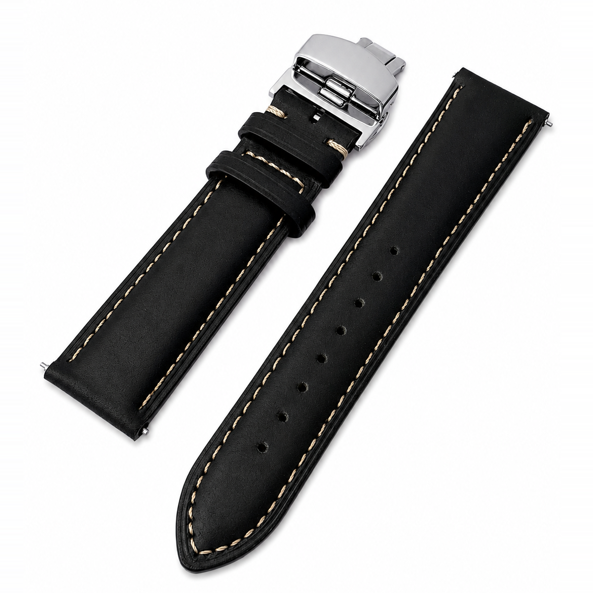 Schwarze Lederarmbänder Smoke Black 20 mm und 22 mm, seitliche Detailansicht der Lederstärke